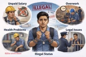 विदेशमा नेपाली कामदारहरूले तलब नपाउने, पासपोर्ट रोक्ने, illegal स्थिति, overwork, स्वास्थ्य समस्या र कानुनी समस्याहरू भोगिरहेको समग्र दृश्य